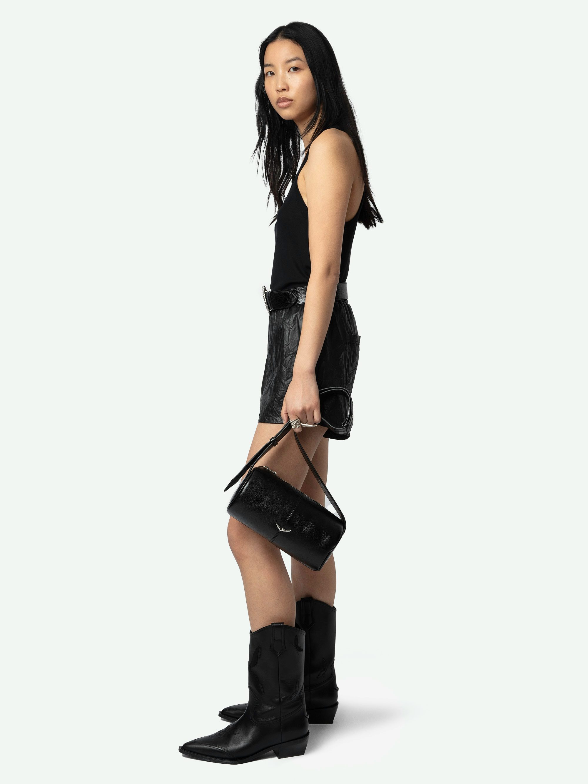 Santa Fe Belt - 40mm wide belt in black vintage-effect leather with wing signature on western-style buckle.